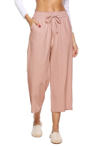 LNX Womens Linen Pants High Waisted Wide Leg Drawstring Casual Loose Trousers with Pockets