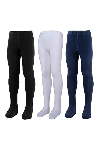 BROSS Girls' Tights, Back To School, Kids Cotton Black White Navy 3-Pack Tights, Cotton Tights, Gift for Girl, School Dresses