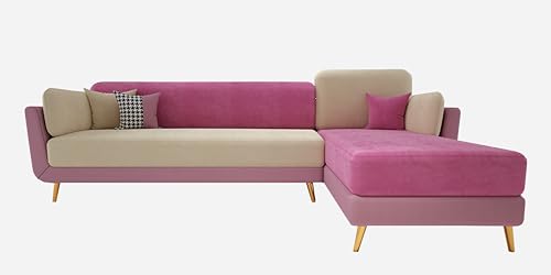 Image of Sixpine Luxury Dual Color Upholstery Lounger LHS Sofa in Premium Velvet | Solid Wood Structure | Sturdy Golden Legs | High Density Foam | Extra Comfort for Modern Living Room (Pink & Beige, 5 Seater)