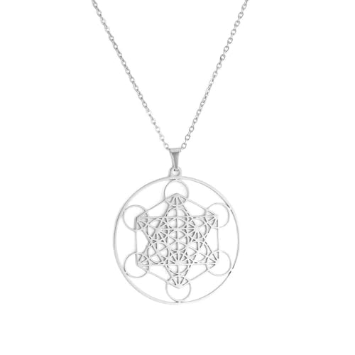 TEAMER Metatron Cube Collier Géométrie Sacrée Pendentif Sceaux d'Archange Ange Collier Bijoux En Acier Inoxydable (argent)