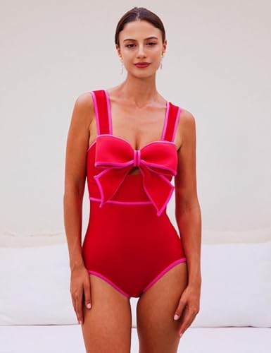FLAXMAKER Bow Front Cut Out Color Block One Piece Swimsuit and Skirt2