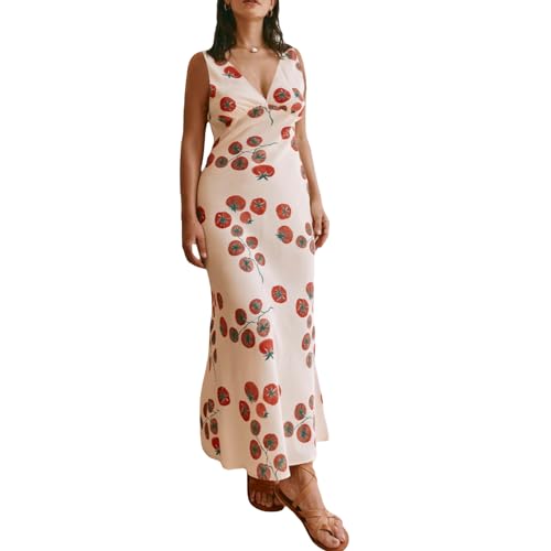 Women Y2k Vintage Printed Maxi Dress Spaghetti Strap Floral Midi Slip Dress Backless Long Flowy Sundress