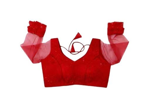 MK Enterprises24 Stylish Solid Net V-Neck Puff Short Sleeve Saree Blouse for Women-image-12