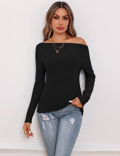 Totatuit Womens Soft Long Sleeve Boat Neck Ribbed Knit Fitted Shirts Casual Off Shoulder Slim Basic Tops4