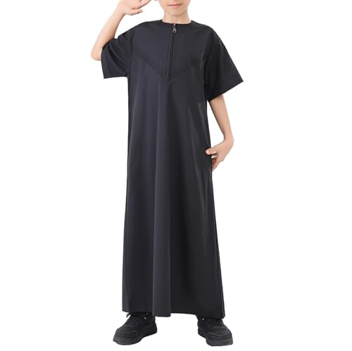 Boy's Muslim Thobe Short Sleeve Arabic Thobe Ramadan Outfit Kid Solid Color Islamic Thobe Crew Collar Prayer Clothes4