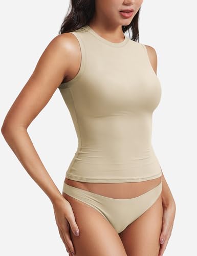 Image of YEOREO Women Basic Mock Neck Workout Crop Top Sleeveless Double Lined Tank Tee Slim Fitted Ruched Going Out Camisole