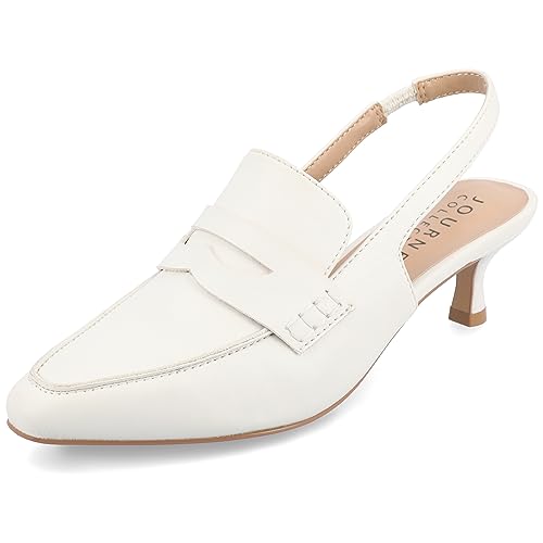 Journee Collection Womens Amory Penny Loafer Dress Pumps Cushioned Kitten Heel Sling Back Pull On Square Toe Shoes White 8.5 Wide WOMENS US