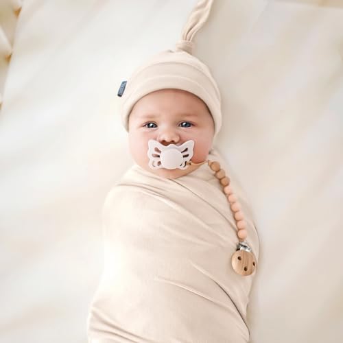 Image of GRSSDER Newborn Swaddle Blanket, Ultra Soft Jersey Receiving Blanket with Matching Headband and Beanie Set 33x44 inch, Stretchy Baby Neutral Swaddle Wrap for Girls and Boys