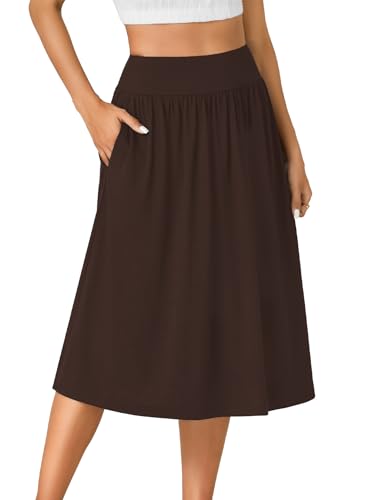 LYANER Women's Elastic High Waist Knee Length A-line Hem Basic Casual Midi Skirt with Pockets