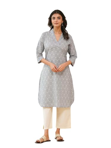 Image of GOODHAND Women Cotton Block Printed Kurta, Straight Fit Ethnic Kurti for Daily,Office & Casual Use