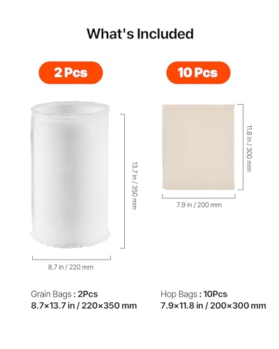 Image of VEVOR Brew Bags, 2 PCS Food Grade Nylon Material Grain Bag, 10 PCS Natural Cotton-Linen Hop Bag, Easy to Clean, Reusable & Ultra-Fine Mesh Home Brewing Bags, Only for Our Automatic Beer Brewer