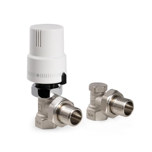 VANCOCO G1/2 Thermostatventil + Rücklaufverschraubung mit Gewindeanschluss für Heizkörper, Komplett-Set Eckform, Thermostatkopf, Heizungsventil, Weiß, Flüssigfühler, Frostschutzstellung, mit Schloss