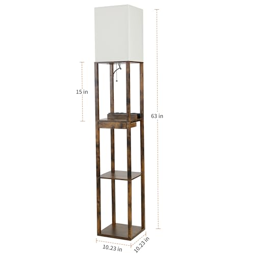 Image of SUNMORY Floor Lamp with Shelves, Modern Dimmable Standing Lamp with Drawer & 2 USB Ports & 2 Power Outlet, Corner Tall Shelf Lamp for Living Room and Bedroom (Rustic Browm)