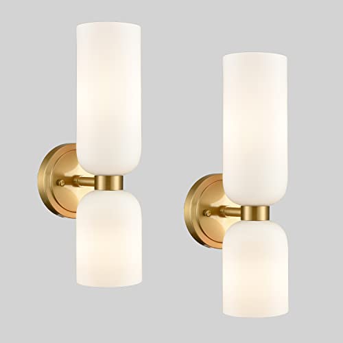 DEYNITE Juego de 2 apliques de pared dorados modernos, lámpara de pared para baño, luz de tocador, cristal blanco lechoso