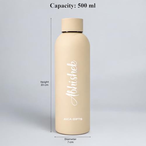 Image of AICA Personalized Name Stainless Steel Water Bottle -500ml - 12 Hrs Hot & 18hHs Cold (Cream) |Customised Gift For Man Woman Girl Boy
