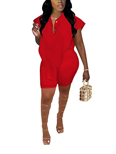 LYANER Women's 2 Piece Outfits Sleeveless Collar Button Down Side Open Top and Short Set