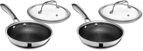 Image of HexClad Hybrid Nonstick 7-Inch Frying Pan with Tempered Glass Lid, Stay-Cool Handle, Dishwasher-Friendly, Oven-Safe Up to 900F, Induction Ready, Compatible with All Cooktops (Pack of 2)