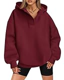 BTFBM Women's Oversized Hoodies Casual Fleece Long Sleeve V Neck Sweatshirts 2025 Trendy Spring Outfits Fall Clothes(Wine Red, X-Large)