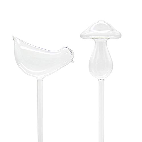 winemana 2 Pack Plant Watering Bulbs Glass Self-Watering Stakes Water Globe Automatic Irrigation Device for Indoor & Outdoor Plants, Bird & Mushroom
