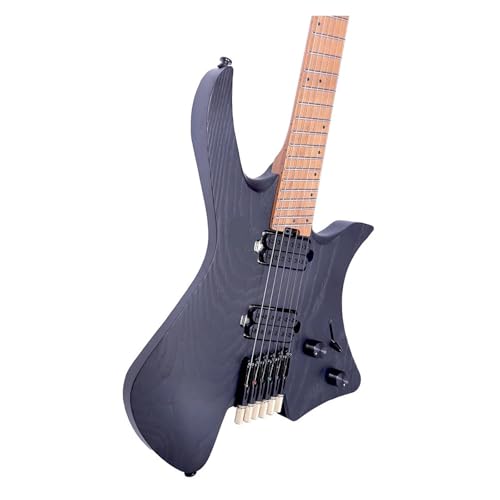 Headless Electric Guitar with Roasted Ash Body Fixed Bridge Ultra-Light Small Full-Scale Travel-Friendly Design for Performances(Black)