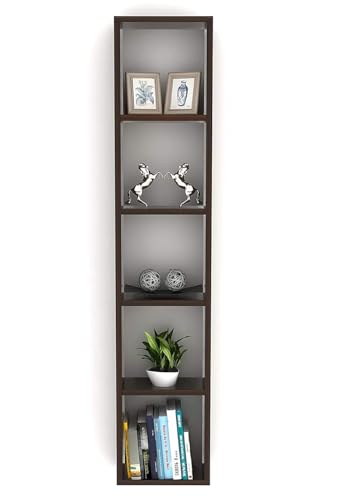 Image of Furniture Cafe Wooden Wall Mounted 5-Tier Vertical Bookshelf - Slim Storage & Display Rack for Living Room, Bedroom, Office (Brown)
