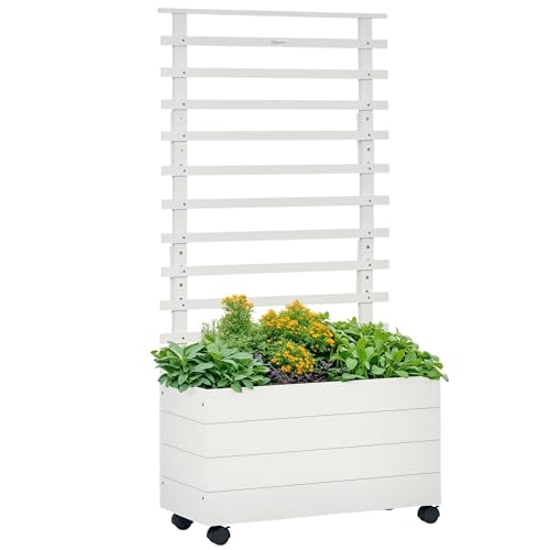 Outsunny Pflanzkasten mit Rankgitter, Blumenkasten mit Rollen, Hochbeet für Kletterpflanzen, Garten, Naturholz, Weiß, 76 x 30 x 155 cm