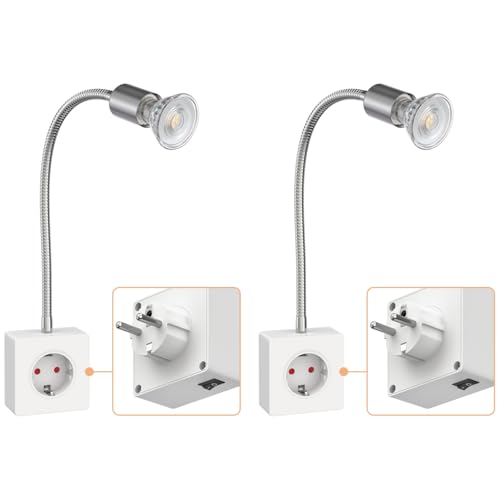 ledscom.de 2 Stück Steckdosenlampe LESCH Leselampe, chrom/weiß inkl. GU10 LED Lampe 5,3W, 504lm, 44°, weiß
