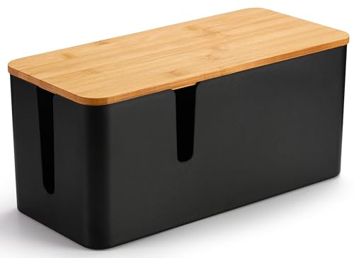 ZhiYo Bamboo Lid Cord Organizer Box, Safe ABS Cable Management Box for TV and Computer, Wood Cover Cord Hider to Hide Wires, Router, USB Hub & Under Desk Power Strip, 1 Pack L13.1 xW5.6 xH5.6 Black