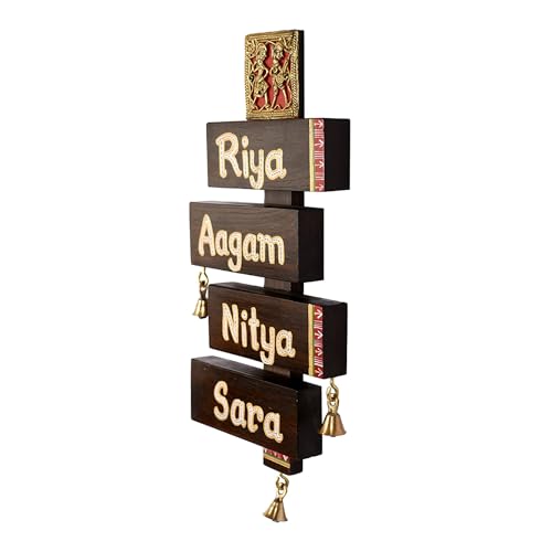 Image of Aakriti Art Creations Family Stack Handcrafted Dhokra Brass Art Solid Wood Nameplate for Home Entrance | Door Name Plate for Home | Customized Name Plate for Home | Name Plate for House