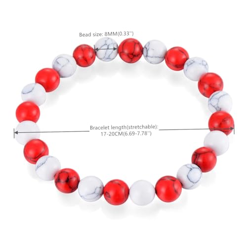 8MM Red White Mable Gem Stone Beads Bangle Bracelet, Mens Womens, Stretchable, Unique2