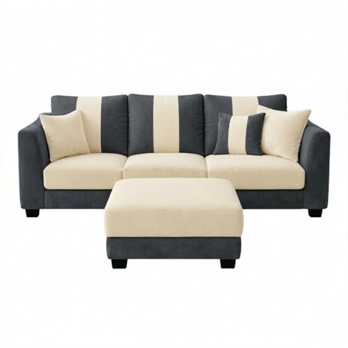 Image of Revo 4 Seater L Shape Sofa Set with Movable Ottoman | Flexible Left or Right Layout | Luxury Velvet Suede Fabric | Modern Living Room Sofa | Dark Grey-Cream