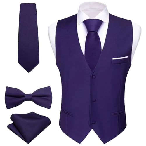 Men’s Solid Silk Satin Vest and Tie Set with Bowtie & Pocket Square – Formal Waistcoat for Wedding Suit or Tuxedo