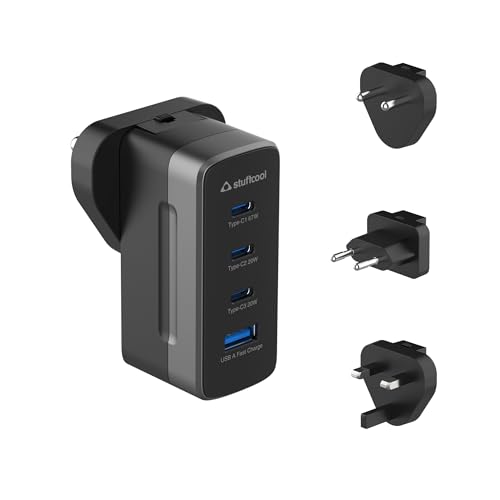 Image of Stuffcool Empire 67W GaN Multiport Fast Charger with 3 Type-C & 1 USB-A, Smart Power Distribution, Swappable Plugs (US /UK /EU /India), Supports Samsung Super Fast Charging 2.0, MacBook, iPhone, Pixel