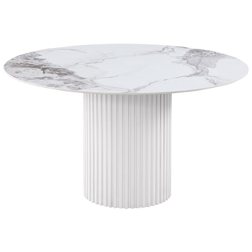 Coaster Home Furnishings - Acadia - Modern Round Dining Table with Marble-Like Top and Fluted Pedestal Base - Dining Room - 53-Inch - White - 105580