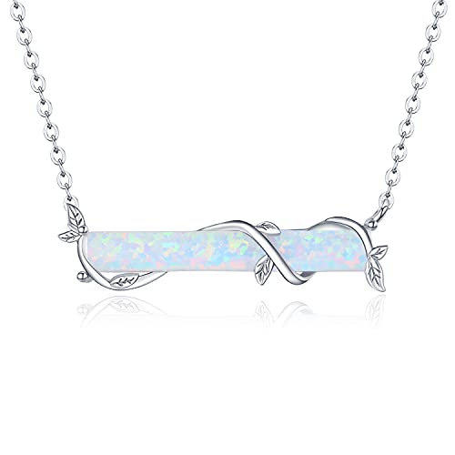 Horizontal Bar Necklace Sterling Silver Leaf Bar Pendant White/Blue/Green Opal Necklace Opal Jewelry Gifts for Women Teen Girls
