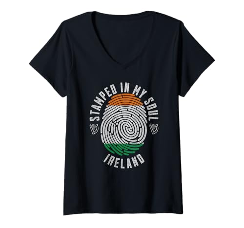 Femme Drapeau Irlande estampillé avec Inscription « My Soul » et « Emerald Isle Irish Pride » T-Shirt avec Col en V