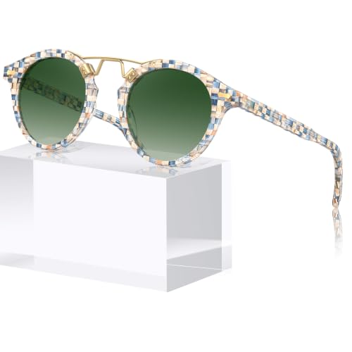 Image of CARFIA Small Face Double Bridge Acetate Polarized Round Womens Sunglasses | Retro Metal Bridge Designer Style, UV400 protection, Non-Fading Frame. Perfect for driving, beach, golf, daily and gifts.