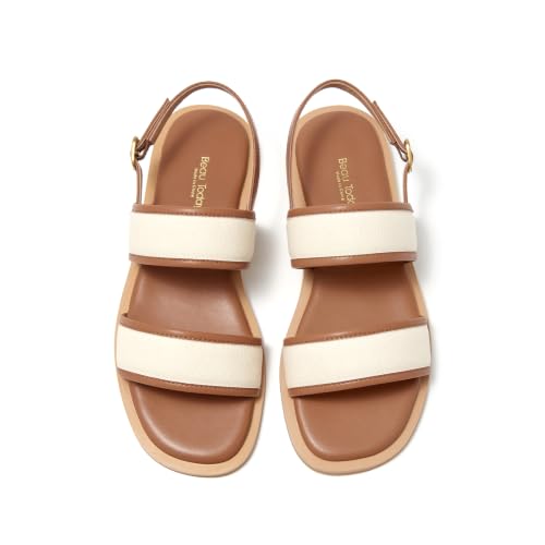 Image of BEAU TODAY Flat Sandals for Women,Women's Leather Sandals with 2 Strap,Peep Toe Summer Strap Sandals for Women,Open Toe Buckle Comfortable Dress Sandals Shoes for Women