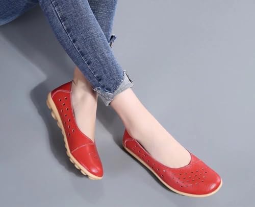 Wanphoo Women's Leather Flats Shoes Slip-Ons Casual Walking Driving Loafers Breathable Cutout US Size 9.5 Red | Image 5