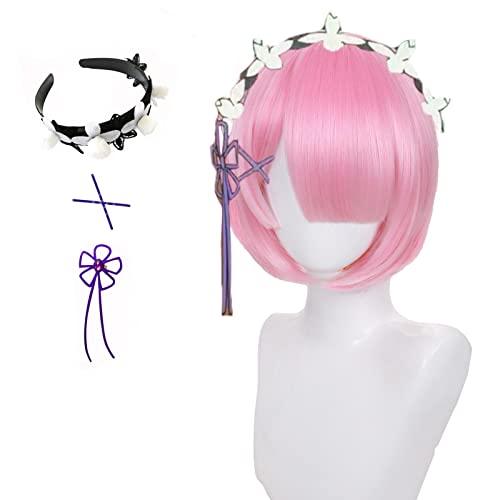 Ram Wig Mit Stirnband, X-Stiften, Blumenschleife, Anime Ram Cosplay Perücke, kurze rosa Bob-Perücke für Frauen und Mädchen (ram) Cover