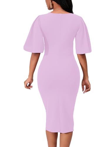 Image of WanMem Womens Basic Bodycon Ruffle Flared Short Sleeve Pencil Midi Dress