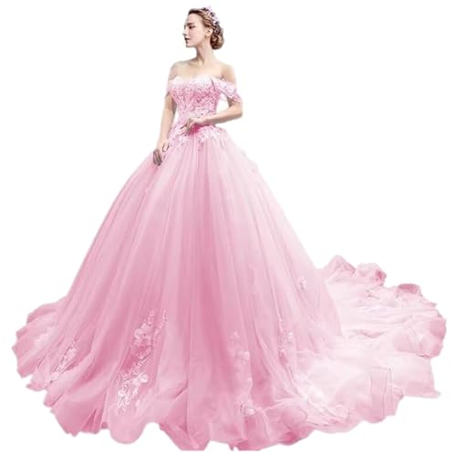 Tulle Off Shoulder Wedding Dress for Women Lace Applique Puffy Ball Gowns Long Princess Quinceanera Dresses with Train