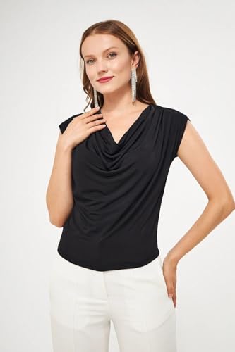 Image of SIGHTBOMB Ultra Soft Afford LUX Edition Draped Cowl Neck FRONTFLOW Gathered Ruched SOFTLINE Sleeveless TOP for Women