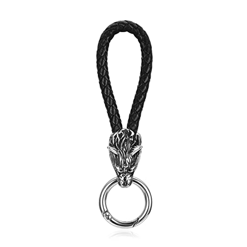 BOPREINA Men Black Genuine Leather Norse Viking Wolf Head Keychain