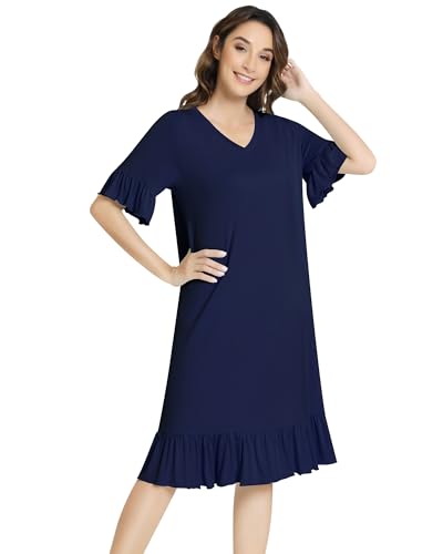 Image of NACHILA Bamboo Viscose Nightgowns for Women Short Sleeve V Neck Sleepwear