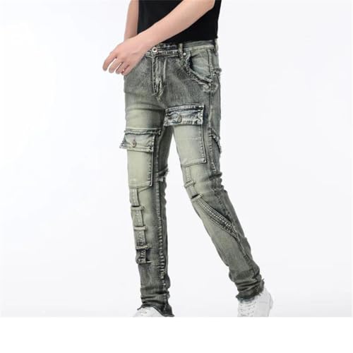 Men's Multi-Pocket Motorcycle Retro Distressed Color Personality Slim Fit Stitching Jeans2