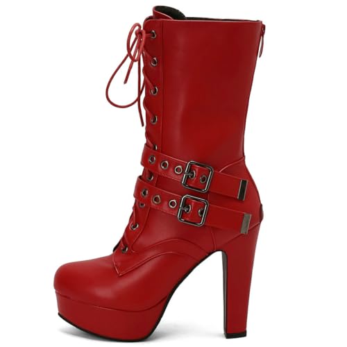 DINTAHA Goth Platform Ankle Boots Lace Up Mid Calf Combat Boots High Chunky Heel Platform Boots2