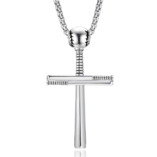 Aloluo 野球クロスネックレス 男女兼用 ステンレススチール 野球バットペンダント スポーツジュエリーギフト, 1.96 Inches, ステンレス鋼, 宝石なし