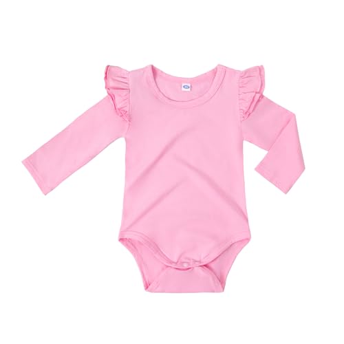 LYSMuch Baby Girls Ruffle Long Sleeve Bodysuit Infant Solid Color Top Jumpsuit Clothes (Pink,3-6 Months)