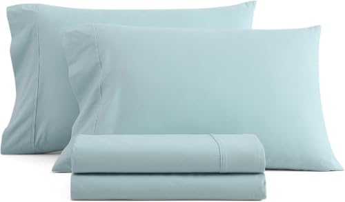 Image of Martha Stewart - Twin Size Sheets Set, Crisp & Tailored Cooling Sheets w /a Naturally Smooth Cotton Percale Lightweight Feel - Bed Sheets with Matching Pillowcase & Fitted Sheet (Skylands Solid Blue)